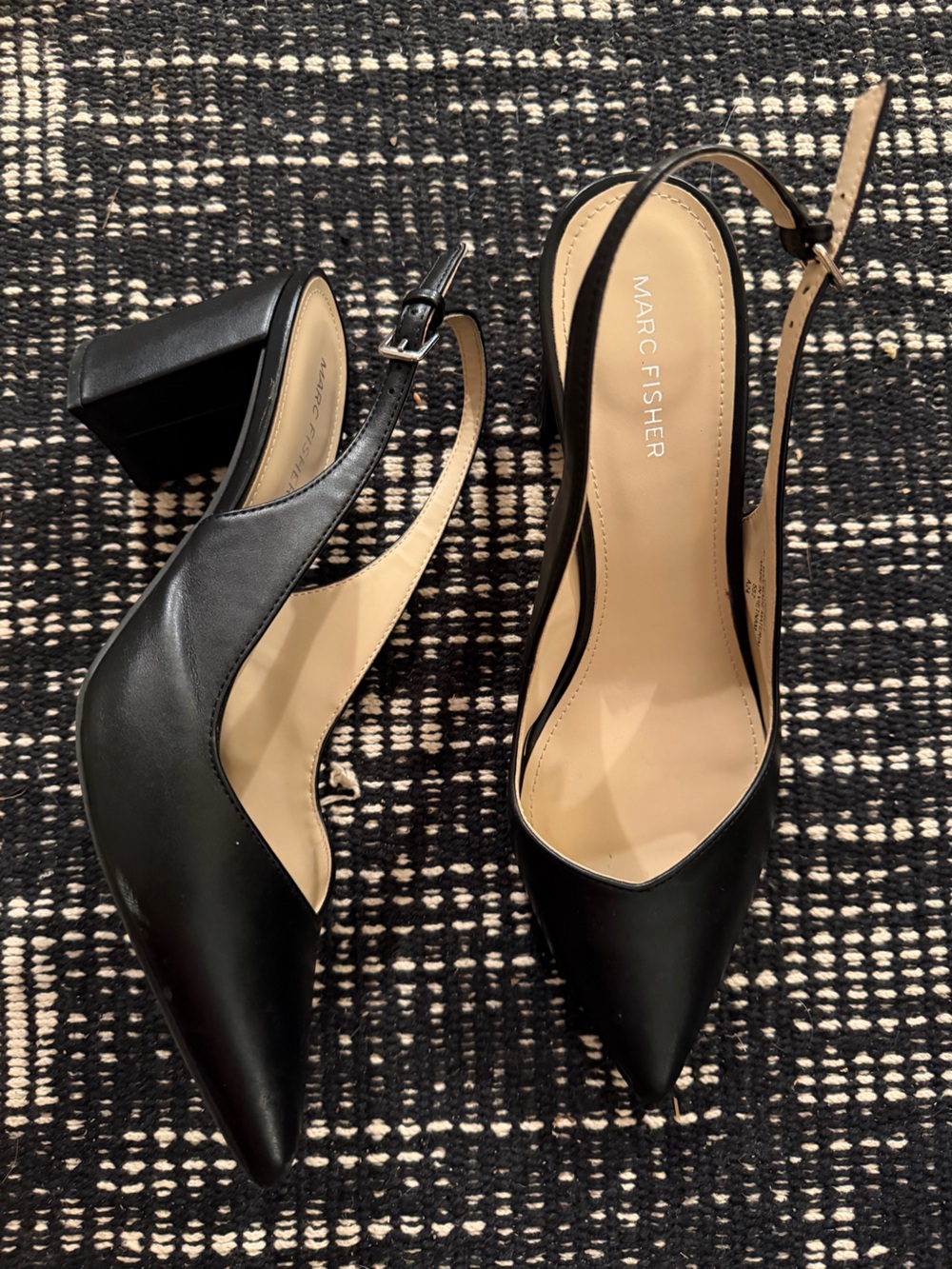 Marc Fisher Black Leather Pointed Slingback Block Heels